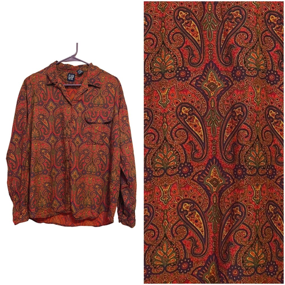 Gap Paisley Rayon Button Up Shirt Retro Long Sleeve Pointed Collar Womens Large